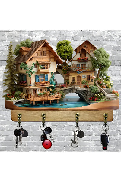 TuraLazerKesim Breloc din lemn plat 2D, multifuncțional, cu patru cârlige met...