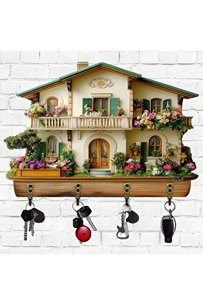 TuraLazerKesim Breloc din lemn plat 2D, multifuncțional, cu patru cârlige met...