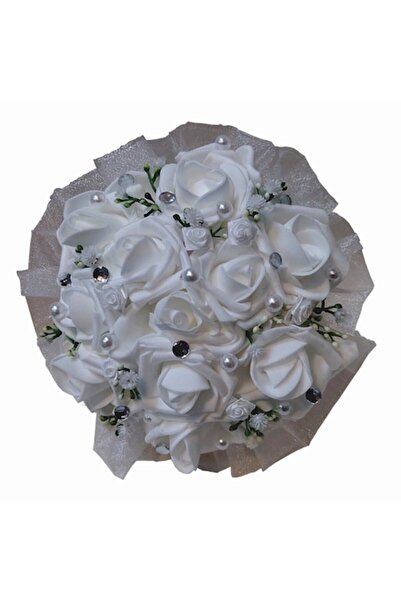 OEM Buchet pentru Cununia Civila cu 11 Trandafiri din Latex, mari, Albi, imbracat in organza Alba