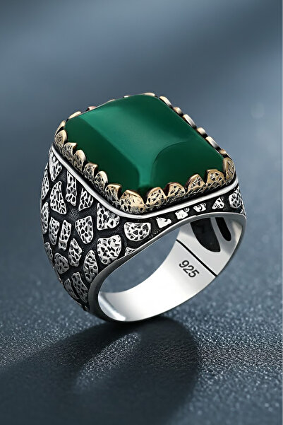 Takıdepo Yeşil Akik Taşlı Gümüş Yüzük