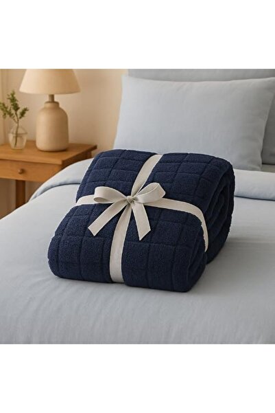 Elega Decor Jacquard Sherpa Blanket – Double (200x220 cm) – Square Embossed, Navy Blue