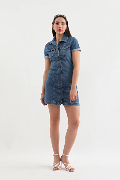 BANNY JEANS Kısa Kollu Önden Düğmeli Jean Elbise Mavi