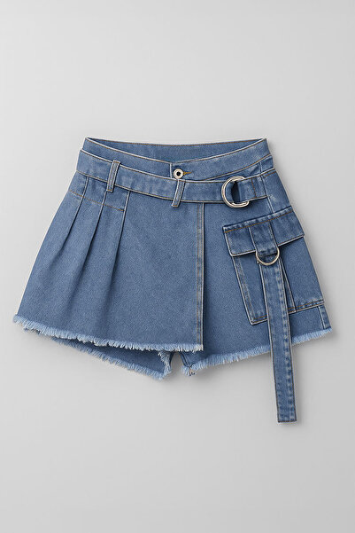 Bluewhite Kadın Yüksek Bel Kemerli Jean Şort Etek
