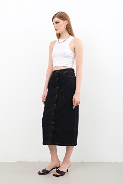 Bluewhite Women's Buttoned Front High Waist Long Denim Skirt