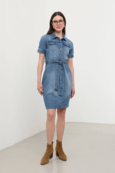 Bluewhite Rochie de jeans cu mânecă scurtă pentru femei albastru alb