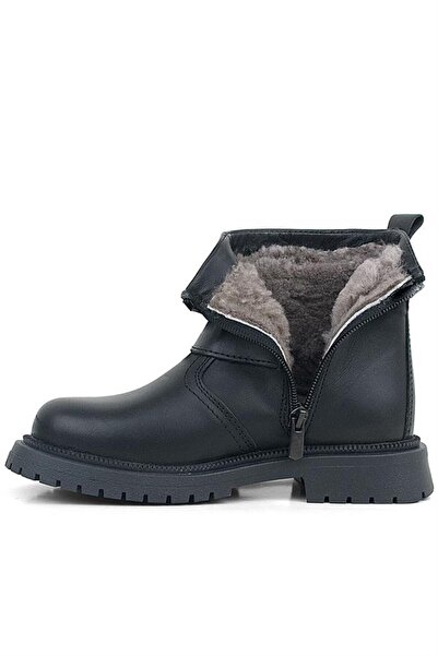 Rakerplus Gerçek Kürklü Hakiki Deri Siyah Fermuarlı Çocuk Bot