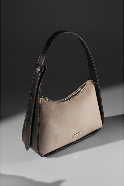 Rimense Women's Beige Suede Black Faux Leather Hand and Shoulder Bag