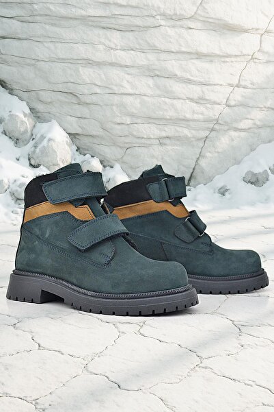 Rakerplus Genuine Leather Dark Green Tan Velcro Winter Children's Boots
