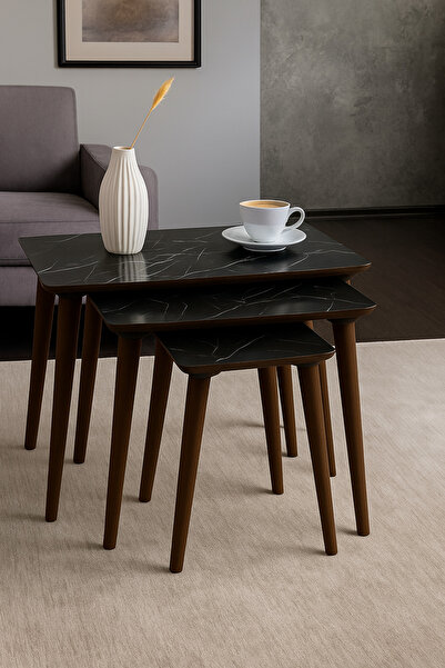 AYGE İstanbul 3lü Zigon Sehpa %100 MDF Siyah Mermer