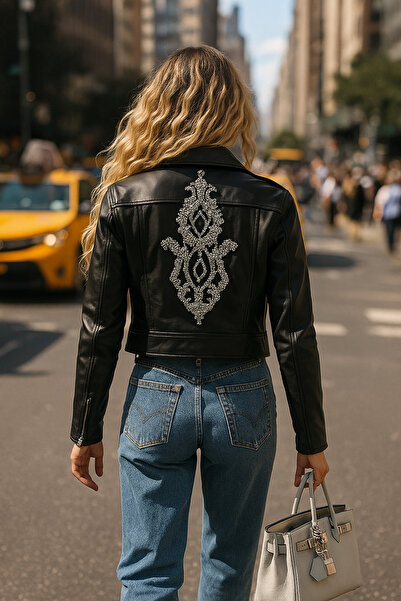 GZ Design Sırtı Gümüş Işleme Detaylı Siyah Biker Deri Ceket