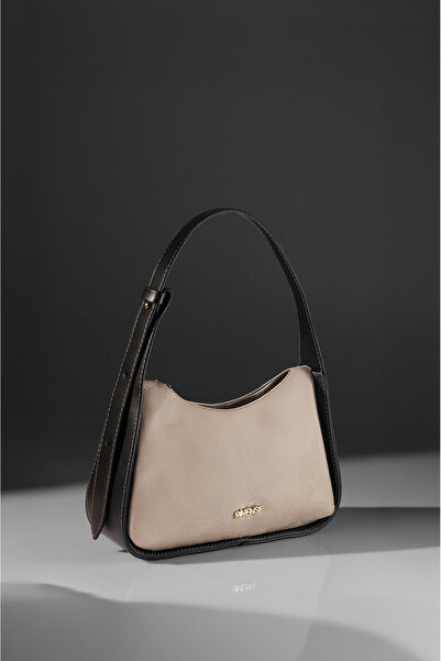 Rimense Women's Beige Suede Black Faux Leather Hand and Shoulder Bag