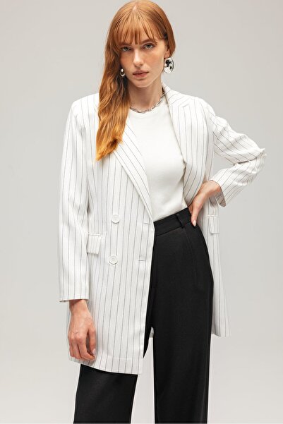 Saade Бяло раирано бизнес яке с двойно закопчаване и копчета