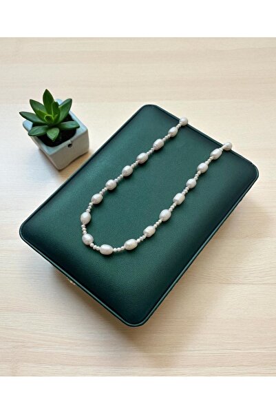 Taş-Mir Sertifikalı Gerçek Doğal Büyük Arpa Beyaz Inci Kadın Kolye Çelik Klips Ve Uzatma Zinciri Kum Inci