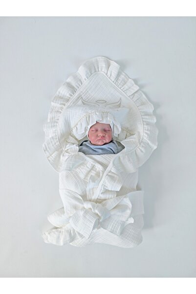 Tomuycuk Ecru 4 Layer Muslin Baby Blanket 100% Cotton Baby Girl / Boy Blanket Swaddle Embroidered Gift