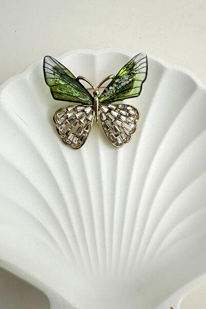 Modex Yeşil Taşlı Sedefli Kelebek Broş (en:4 Cm)
