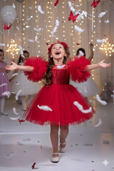 ABİYEKİDS Kol Detaylı Ponponlu Tokalı Kırmızı Renk Çocuk Abiye Aby458