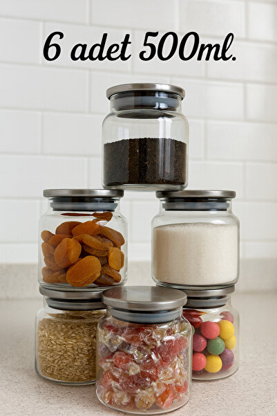 LİNGO HOME طقم برطمانات توابل مفرغة 500 مل مع 6 أغطية معدنية - وعاء تخزين - ب...