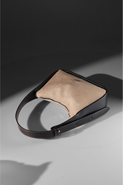 Rimense Women's Beige Suede Black Faux Leather Hand and Shoulder Bag