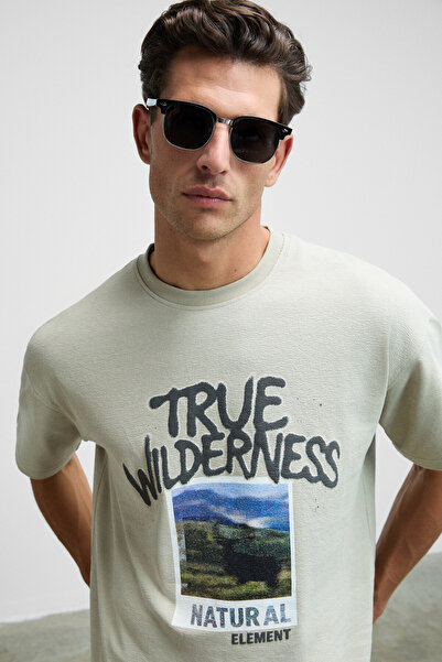 GRIMELANGE Wilder men's front printed 100% organic cotton oversize fit crew neck beige t-shirt