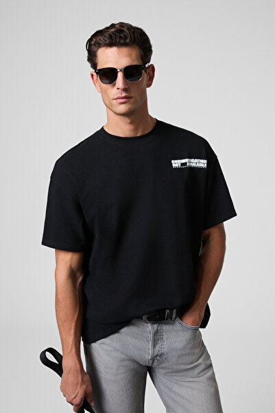 GRIMELANGE Crest Men's Chest and Back Printed 100% Organic Cotton Oversize Fit Crew Neck Black T-Shirt