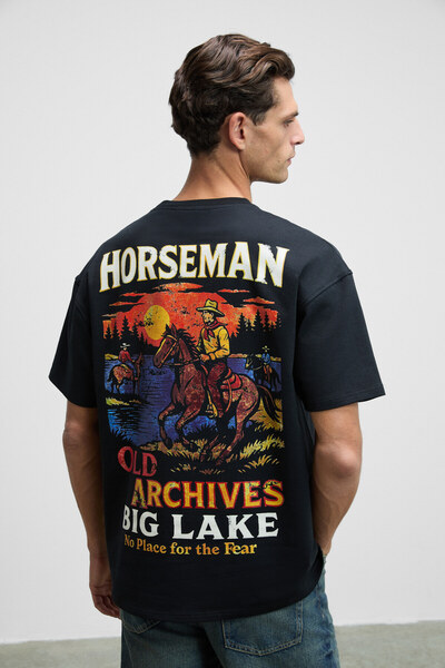 GRIMELANGE Horseman Men's Front and Back Printed Oversize Fit Crew Neck Black T-Shirt