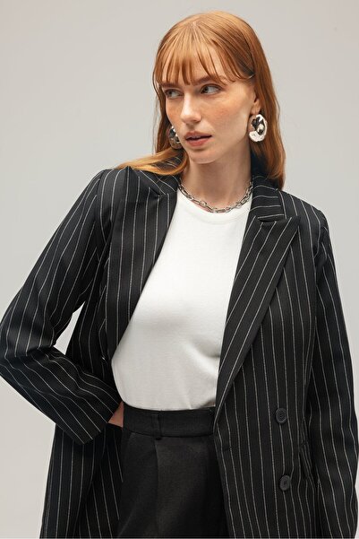 Saade Μαύρο ριγέ επαγγελματικό μπουφάν με διπλό στήθος που κλείνει