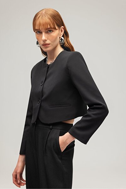 Saade Μαύρο υφαντό μπουφάν με στρογγυλή λαιμόκοψη με κουμπιά