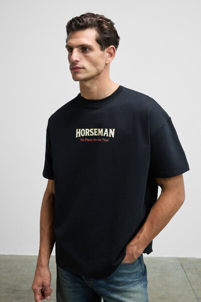 GRIMELANGE Horseman Men's Front and Back Printed Oversize Fit Crew Neck Black T-Shirt