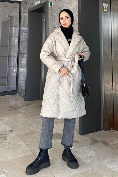 lamelif Jacket with Collar, Belted, Quilted Coat, Stone Color