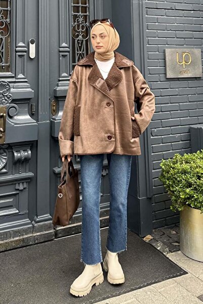 lamelif Σουέντ παλτό με κουμπιά πικρό καφέ