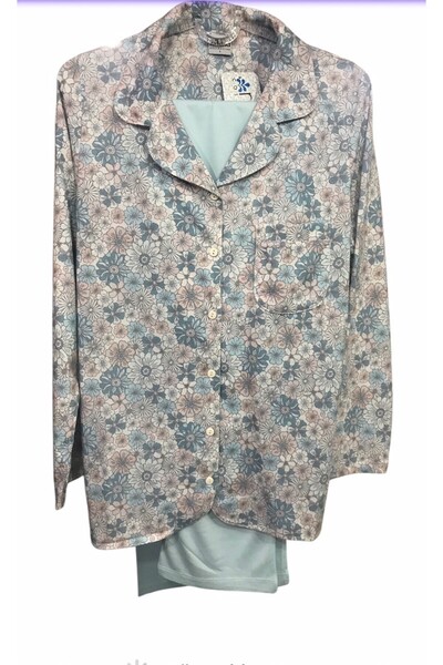 NENA COLLECTION Nena Uzun Kollu Önden Açık .% 100 Pamuk Pijama Takımı-14934