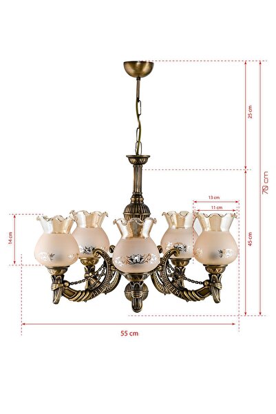 DEDE BEŞ KOLLU METAL ESKİTME CADENA DÖKÜM ZAMAK AVİZE MAT BAL CAMLI