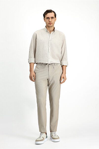 Kiğılı Super Slim Fit Ekstra Dar Kesim Beli Lastikli İpli Gofre Likralı Klasik Kumaş Pantolon