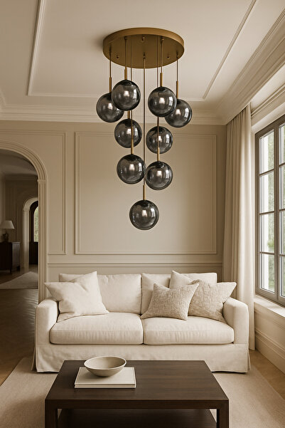 VENON FERİS 60 Cm Tepsi 10'lu Sarkıt ESKİTME Metal Avize FÜME Glop Camlı E27 ...