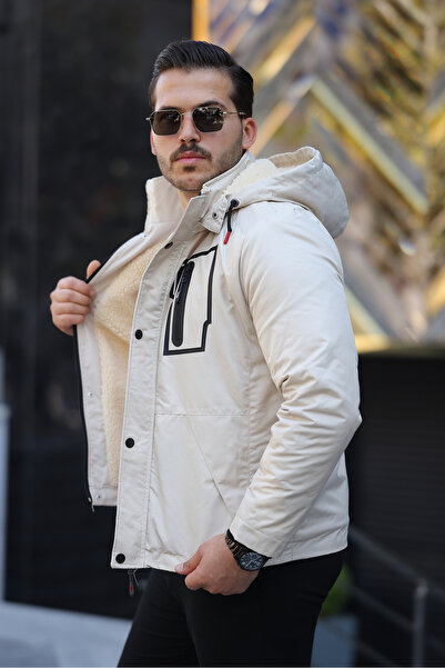 FASİON Jachetă de iarnă pentru bărbați, căptușită cu blană, cu glugă detașabi...