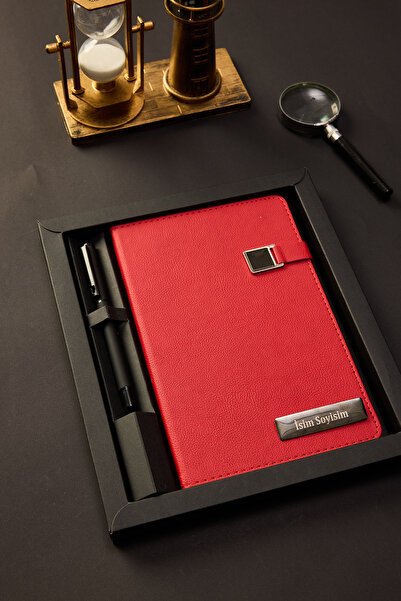 locko Kişiye Özel Hediyelik Kutulu Siyah Kalemli Çizgili 180 Sayfa Kırmızı De...