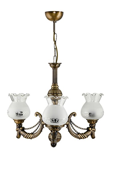 DEDE ÜÇ KOLLU METAL ESKİTME CADENA DÖKÜM ZAMAK AVİZE MAT BEYAZ CAMLI