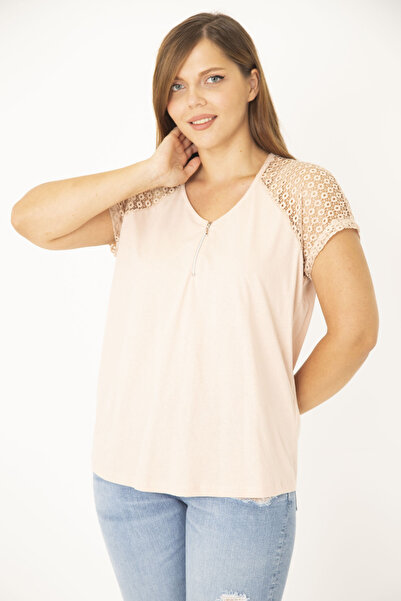 Şans Γυναικεία Πούδρα μεγάλου μεγέθους Βαμβακερό ύφασμα Μπροστινή πατιλέτα Δαντέλα με φερμουάρ Λεπτομερής μπλούζα 65N36940