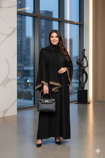 GigiTex HİJAP ABAYA LEOPAR ŞERİTLİ FERACE BOY 1.50 cm  ŞALLI TAKIM Standart Beden 38--44