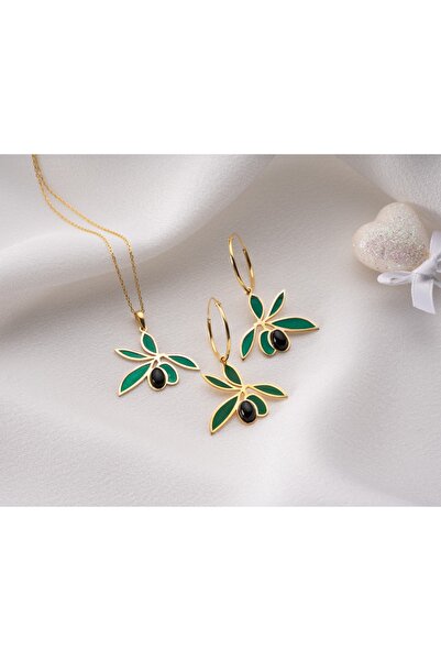 Papatya Silver 925 Ayar zeytin kolye küpe set.onix taşlı zeytin set.doğum taşlı zeytin set.rose.gold