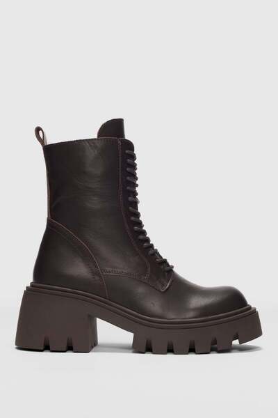 selin shoes Γυναικείες μπότες Ravnor από γνήσιο δέρμα με κορδόνια με φερμουάρ στο πλάι- ΚΑΦΕ