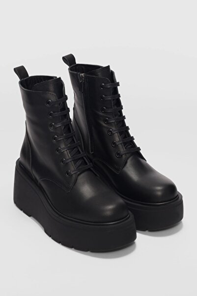 selin shoes Ravell Yüksek Taban Bağcık Detaylı Kadın Bot-SİYAH