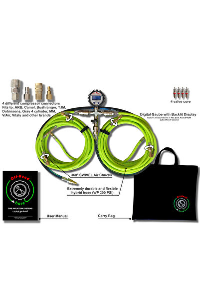 Off-Road hose خرطوم هواء عالي الحرارة 4 في 1 من Greenzilla، قابل للنفخ والتفريغ، بأربعة اتجاهات، ومقياس ضغط رقمي