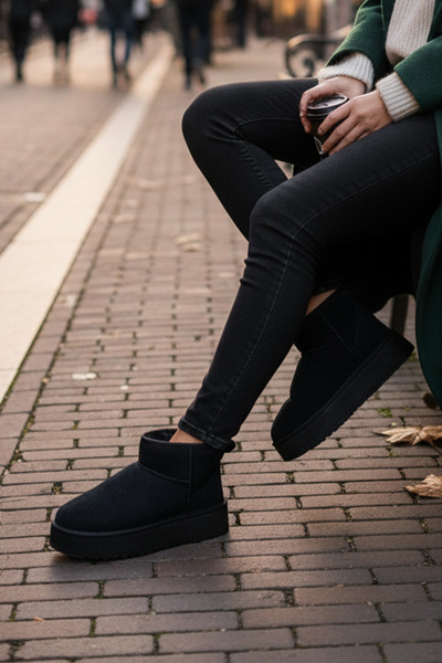 CEYDA SHOES Γυναικείες μίνι μπότες από σουέτ με επένδυση από γούνα, μαλακές μισές μπότες με χοντρή σόλα, σουέτ με χοντρή σόλα, γυναικείες μπότες