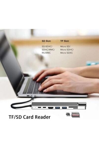 Genel Markalar MacBook Uyumlu Type-C 8in1 Dönüştürücü Çevirici HUB 4K HDMI USB Kart Okuyucu Ethernet