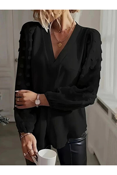 Omarı Women's Long Sleeve V-Neck Sandy Blouse with Popon Detail on the Sleeves