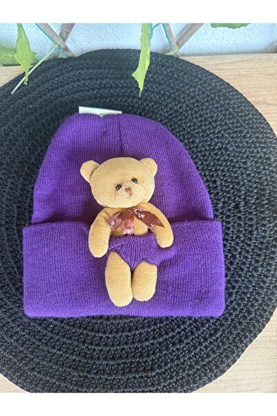 Blotch Beretă de pluș cu ursuleț maro, unisex, mov, tricotată, cu figurină co...