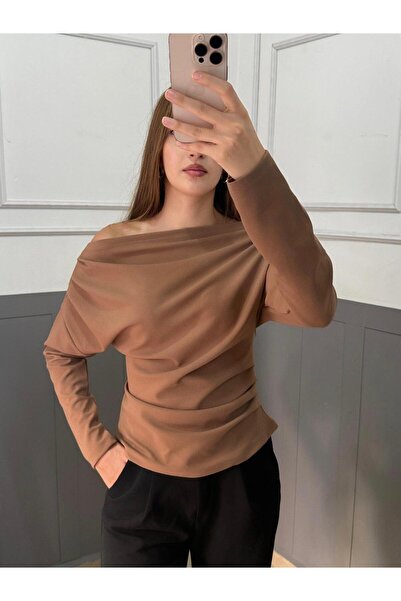 peri tower PRODUS NOU Bluză cu mânecă lungă din țesătură creponată tricotată, cu guler drapat și detaliu cu drapele 0031