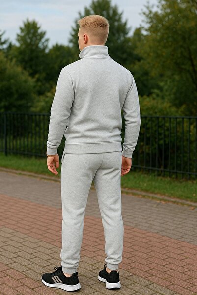 Sobe Hediyelik 3 Threaded Ribbed Gray Men's Tracksuit Set Bottom Top Set