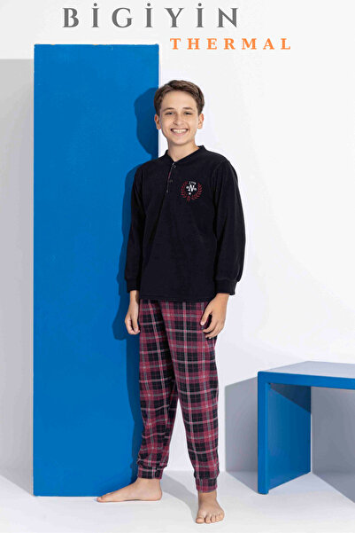 bigiyin Siyah Erkek Çocuk Polar Pijama Takımı Çocuk Kışlık Pijama Takımı Kalın Pijama